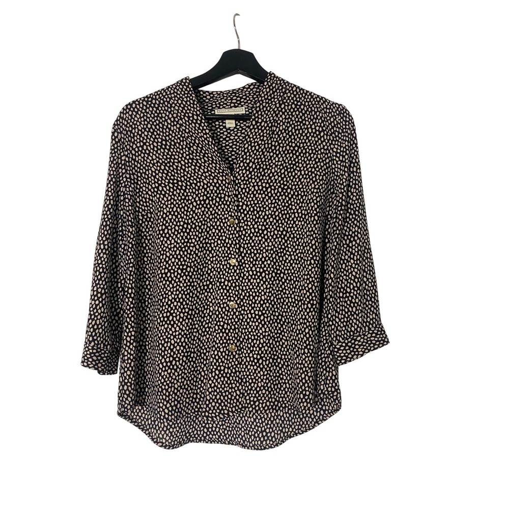 Dana Buchman Blouse Womens M Black Tan Excellent 3/4 Sleeve Pebble Print Top